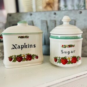 Vintage Japanese Strawberry Ceramic Napkin Holder & Sugar
